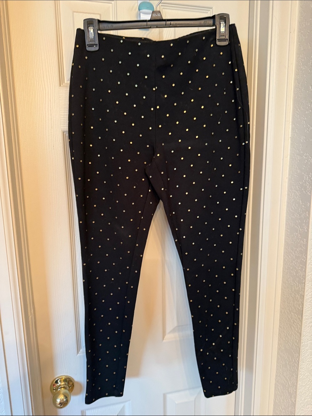 Black Stretch Ponte Pants with Gold Polka Dots